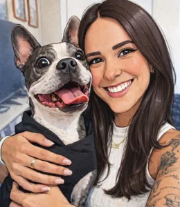 Smiling woman with long brown hair hugging a happy Boston Terrier dog for a selfie indoors, showing the loving bond nurtured by ourGroomers.